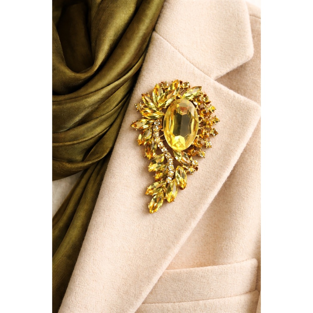 Vintage‎ Topaz Rhinestone Brooch Large Gold Statement Amber Glass Pin